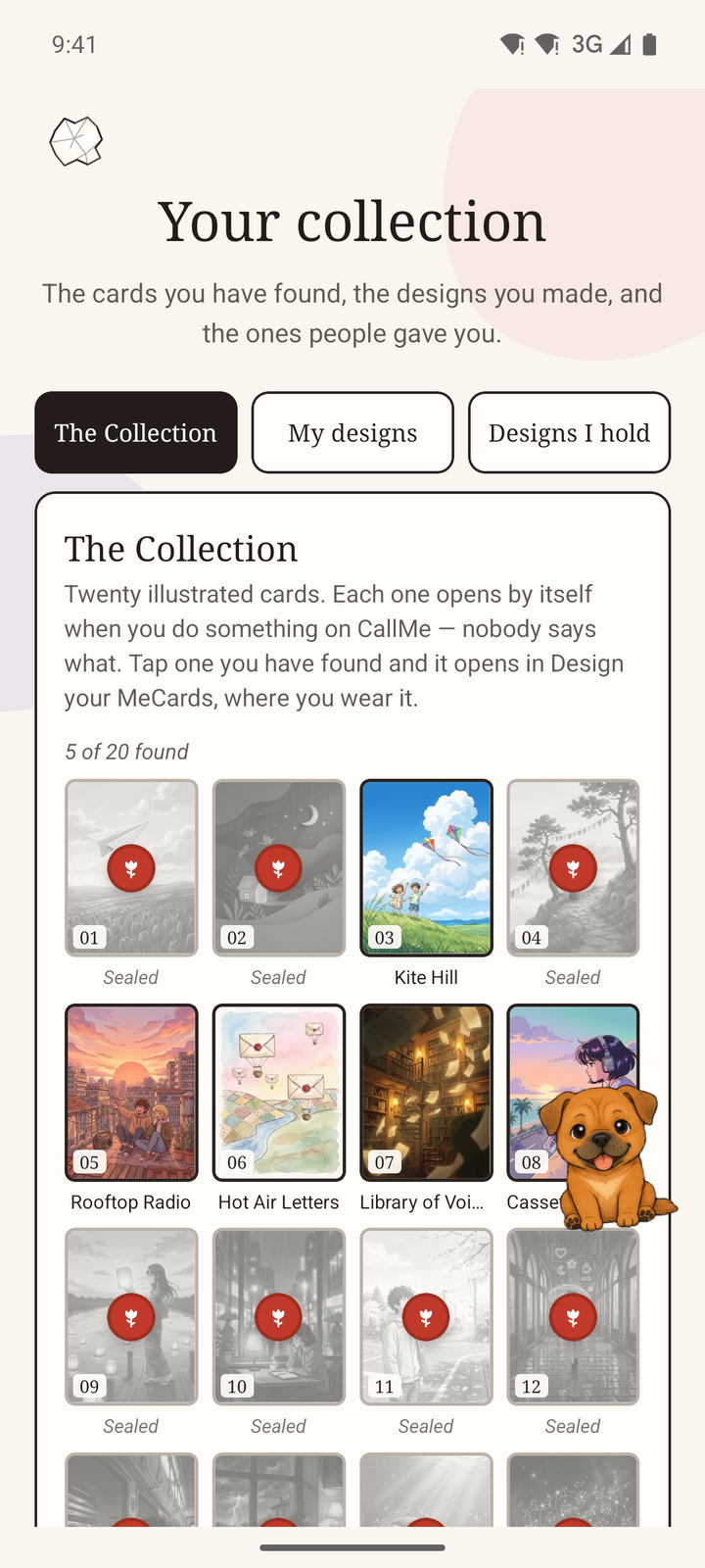 Your collection: twenty illustrated cards, some opened and some still sealed