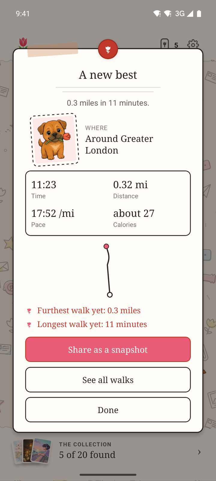 The letter at the end of a walk: a new best, the route, the time, distance, pace and calories