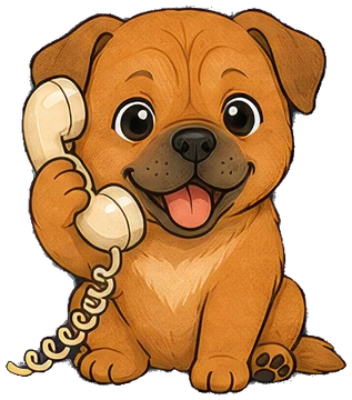 The CallMe dog, a small ginger puppy, holding an old telephone receiver to its ear